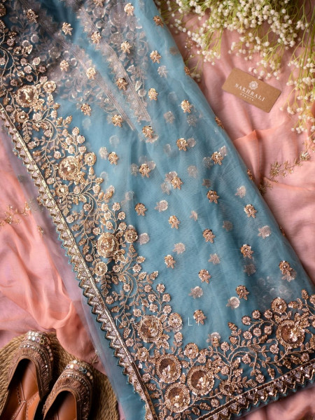 Orchids Blue Net Saree with Sequin, Cut Dana & Beads Work