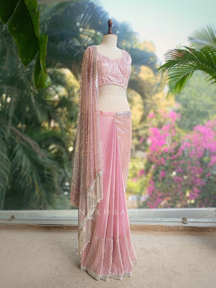 Image of Viora Pink Drape Saree with Sequin Fringe Work