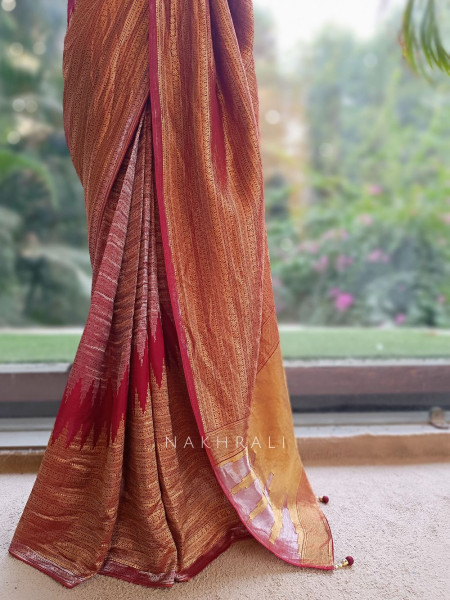 Tarkash Loom Brown Banarasi Chiniya Silk Saree with Ombre Zari Weaving & Temple Border