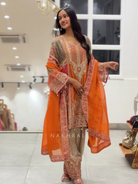 Falak Tissue Silk Heritage Orange  Suit Set