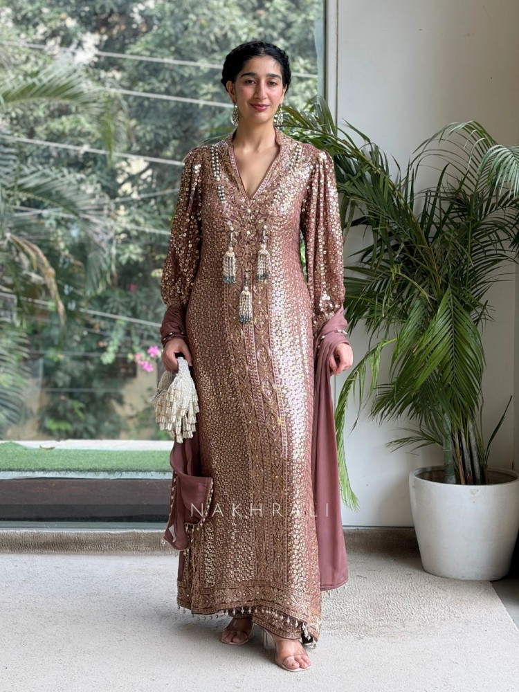 Image of Rosmira Dusty Brown Mauve Silk Crepe Suit Set