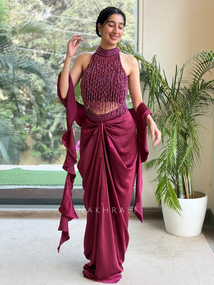 Image of Vertigo Wine Indo Western Crop Top Skirt Set