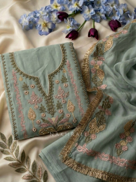 Pushpavalli Sea Green Dress Material With Floral Embroidery and Pearl Detail