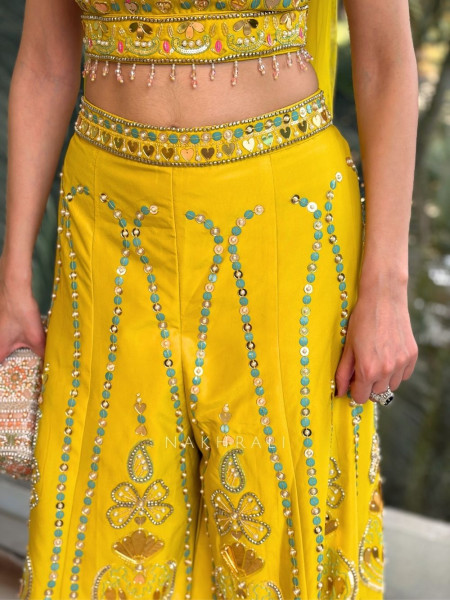 Rosefire Yellow Embellished Crop Top Palazzo Set