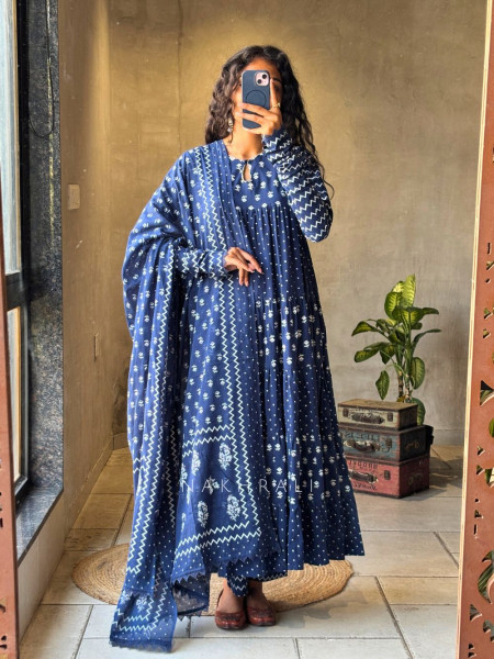 Mireya Blue Cotton Anarkali Suit Set with Printed Design