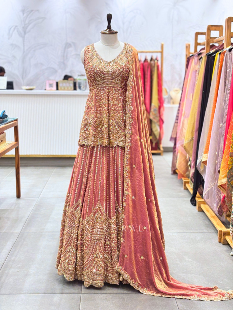 Image of Gilded Petal Pink Tissue Georgette Peplum Lehenga Set