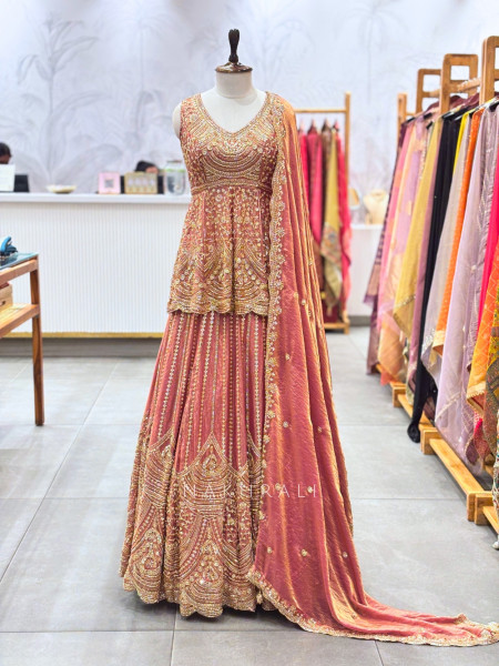 Gilded Petal Pink Tissue Georgette Peplum Lehenga Set