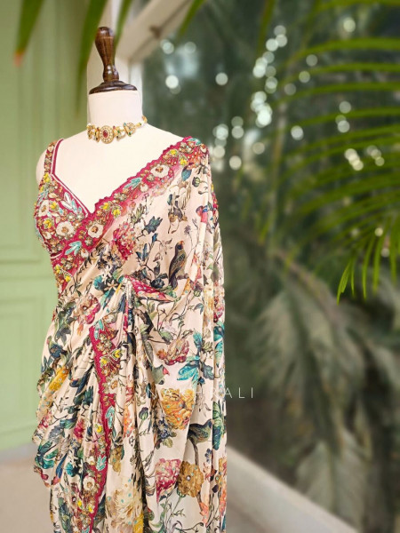 Maroon Crepe Silk Embroidered Saree with Readymade Blouse