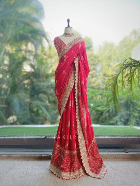 Surahi Red Pure Georgette Crepe Silk Bandhani Saree with Gota Patti Zardozi Border