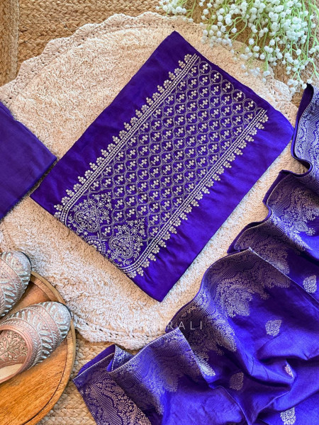 Meera Purple Silk Dress Material with Zari Embroidery