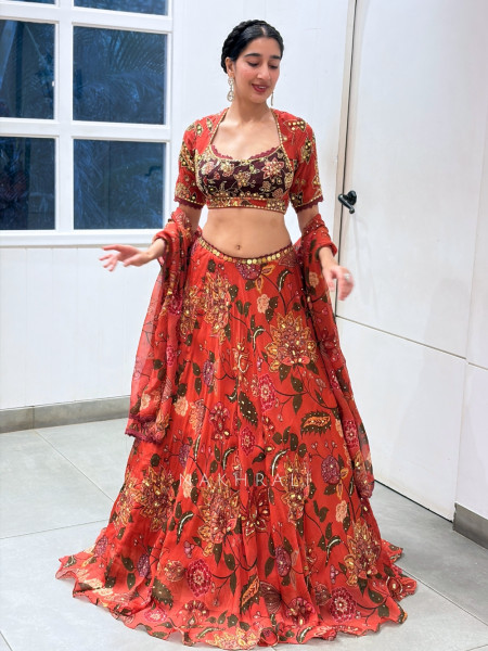 Aranya Red Red Chinon Silk Floral Printed Lehenga Set with Zardozi & Resham Work