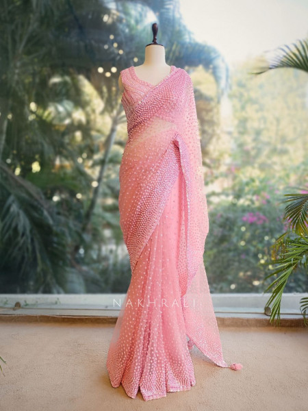 Chandelier Pink Net Saree with Sequin and Cut Dana Blouse
