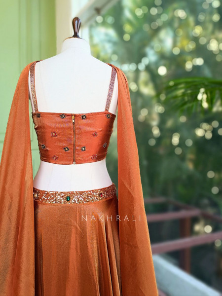 Ravaeya Rust Corset Indo-Western Lehenga Set with Sequin Work
