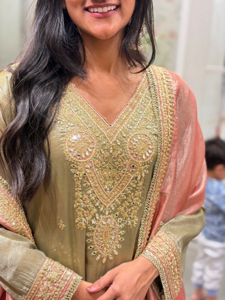 Zaynah Olive Green Suit Set with Zari Sequin Work