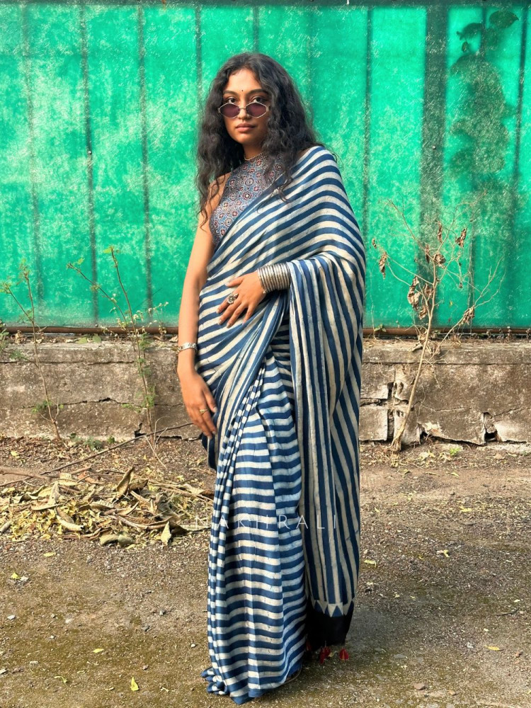 Image of Whimsical Blue Modal Stripe Saree