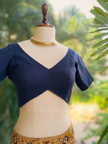 Rhea Blue Cotton V-Cut Blouse with Tie-Back