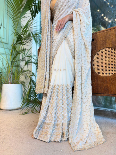 Chahat Cream Two-Piece Saree Set with Dupatta