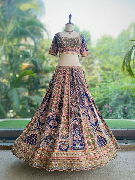 Malika Navy Blue & Green Modal Silk & Gaji Silk Lehenga