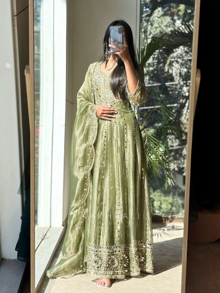 Evara Green Tissue Anarkali Suit Set with Mirror and Gota Work