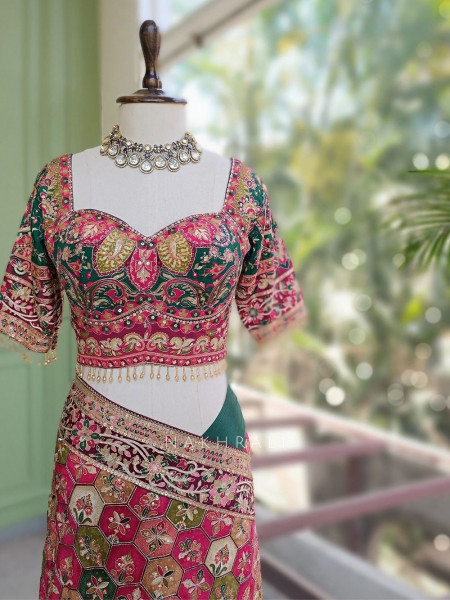 Ravina Bottle Green Printed Saree with Sequin Embroidery