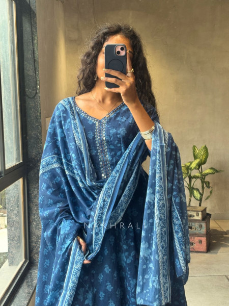 Ruhani Blue Cotton Anarkali Set with Dupatta