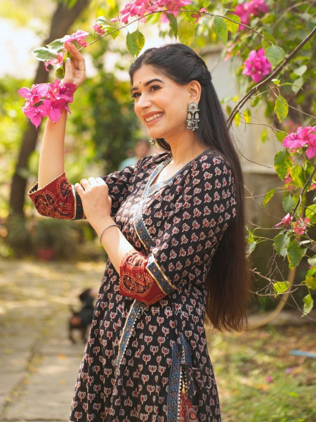 Mirza Black Angrakha Cotton Kurta