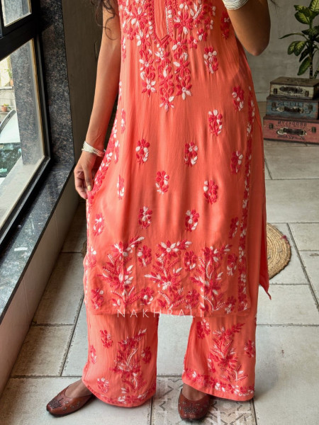 Solira Coral Peach Rayon Kurta Pant Set with Chikankari Work