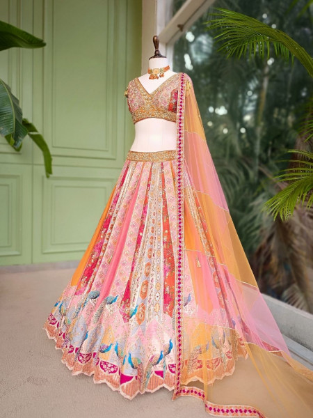 Mayra Orange Silk Lehenga with Peacock Motif Work