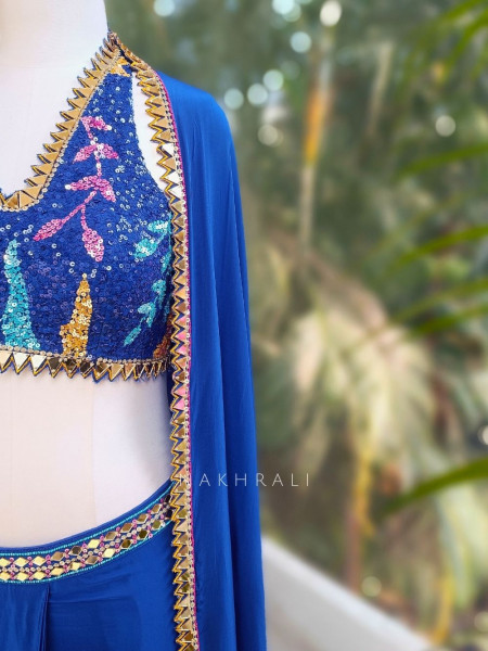 Willow Blue Halter Indo-Western Set with Cape Shrug