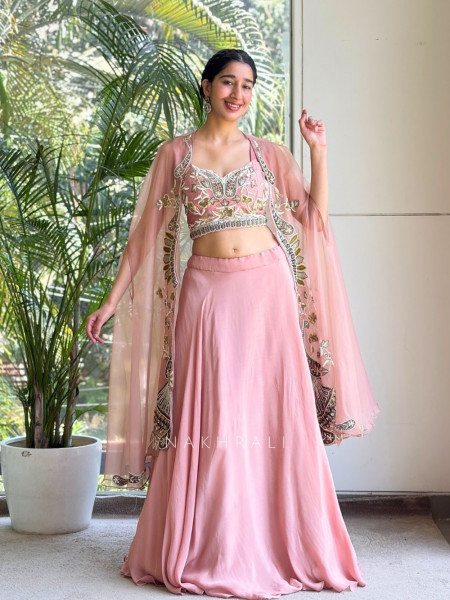 Avelyn Pink Indo-Western Lehenga Set with Embroidered Cape