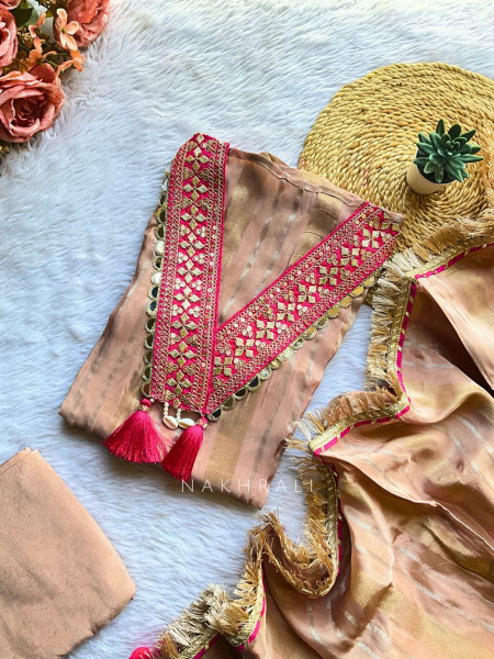 Rivana Peach Embroidered V-Neck Dress Material Set