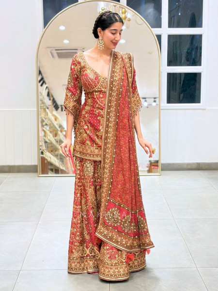 Sargam Red Suit Set Printed Embroidery & Sequin Work