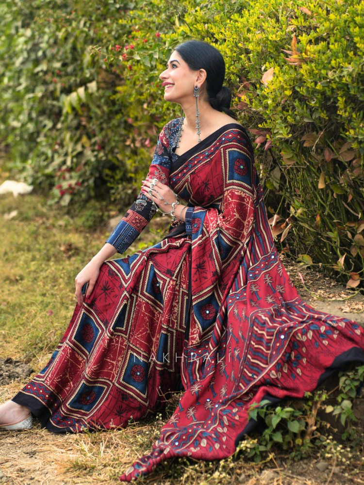 Image of Neerja Red Modal Silk Printed Saree