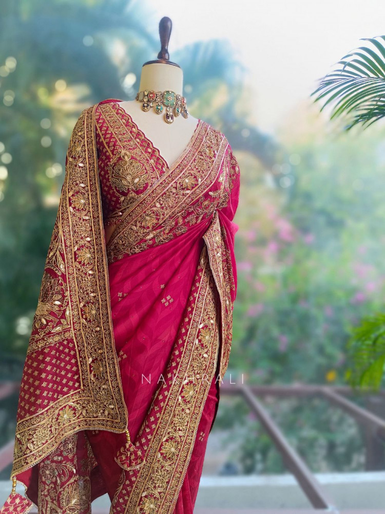 Image of Virasat Maroon Crepe Saree with Heavy Embroidery and Readymade Blouse