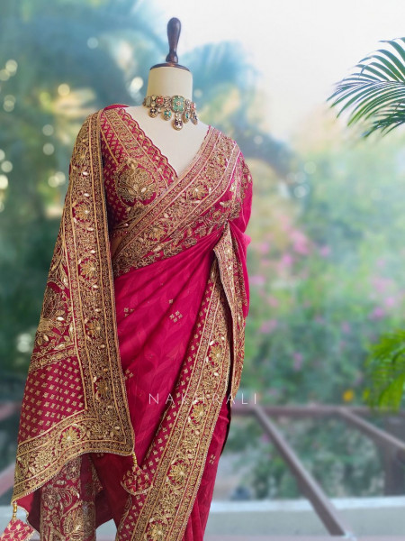 Virasat Maroon Crepe Saree with Heavy Embroidery and Readymade Blouse
