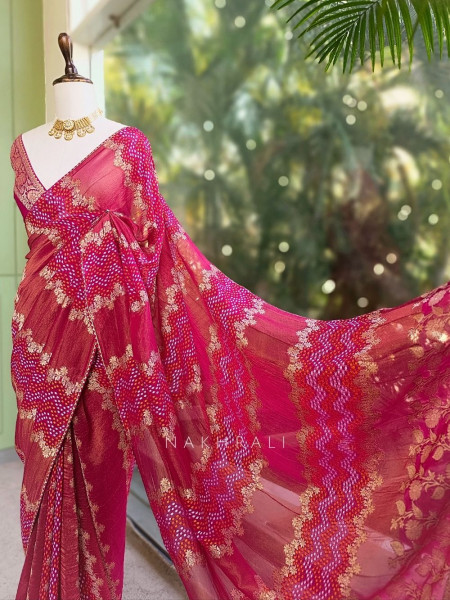 Morvyn Magenta Saree with Bandhani Print and Zari Weave