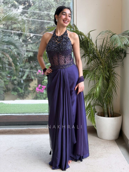Nightshade Deep Purple Italian Net & Satin Crepe Indo Western Crop Top Drape Skirt Set