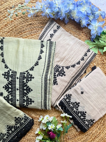Pariza Cream Cotton Dress Material with Black Thread Embroidery
