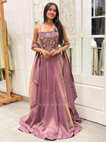 Urban Flare Wine Indo-Western Lehenga Set with Cut Dana and Stone Work