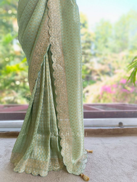 Noor-e-Tarang Pista Green Checks Weaved Saree with Embroidered Border