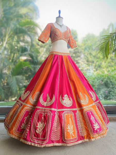 Nishika Rani Pink & Orange Silk Satin Lehenga