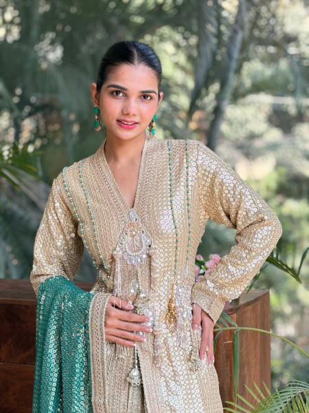 Noorveen Yellow Sequin Dhoti & Kurta Set with Contrast Dupatta