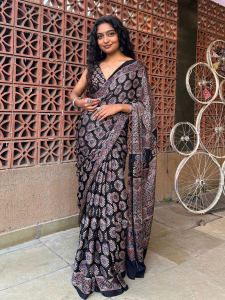 Mandala Black Modal Silk Saree with Running Blouse Piece