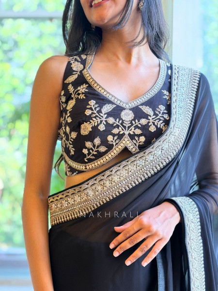 Vinamr Black Saree with Readymade Blouse – Embroidery & Sequin Work