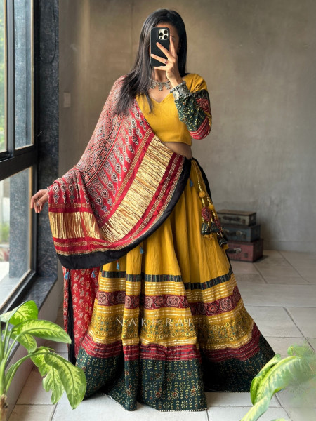 Jugni Yellow Block Printed Cotton Chaniya Choli