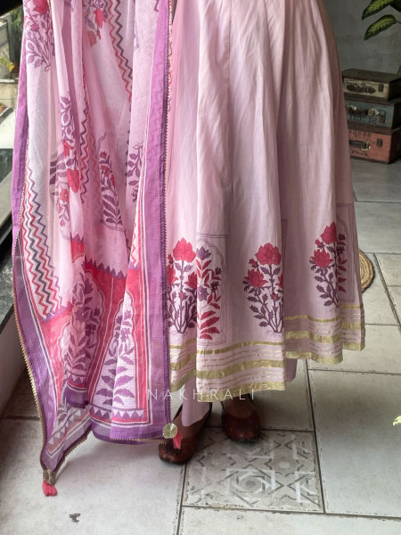Mishka Pink Cotton Anarkali Suit Set with Print Work