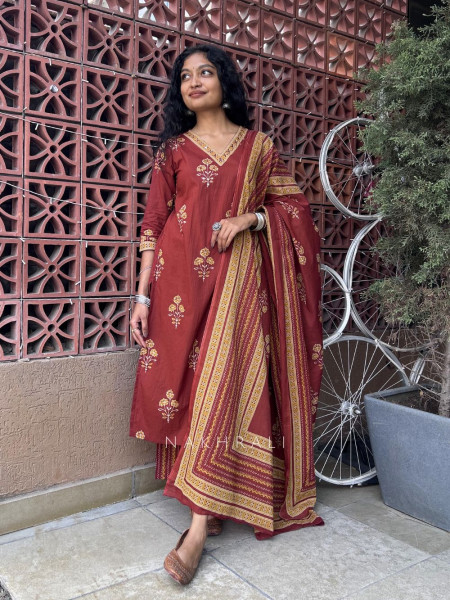 Tivora Maroon Cotton Suit Set with Floral Print