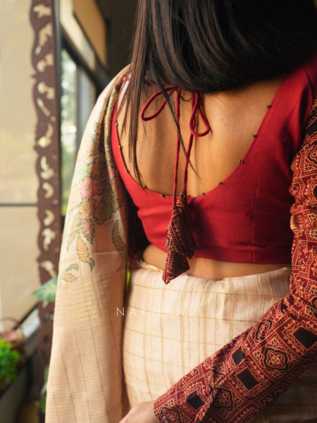Taal Rang Red Cotton Blouse with Beaded Neckline