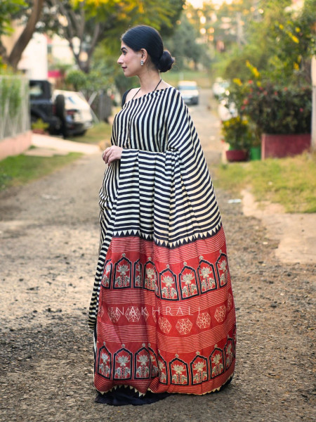 Nivara Black Modal Saree with Stripe and Printed Border