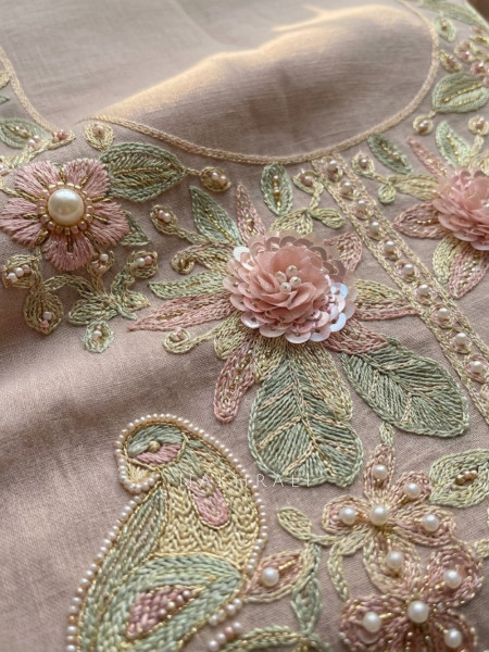 Lunora Pink  Floral Embroidered Dress Material with Pearl Detail